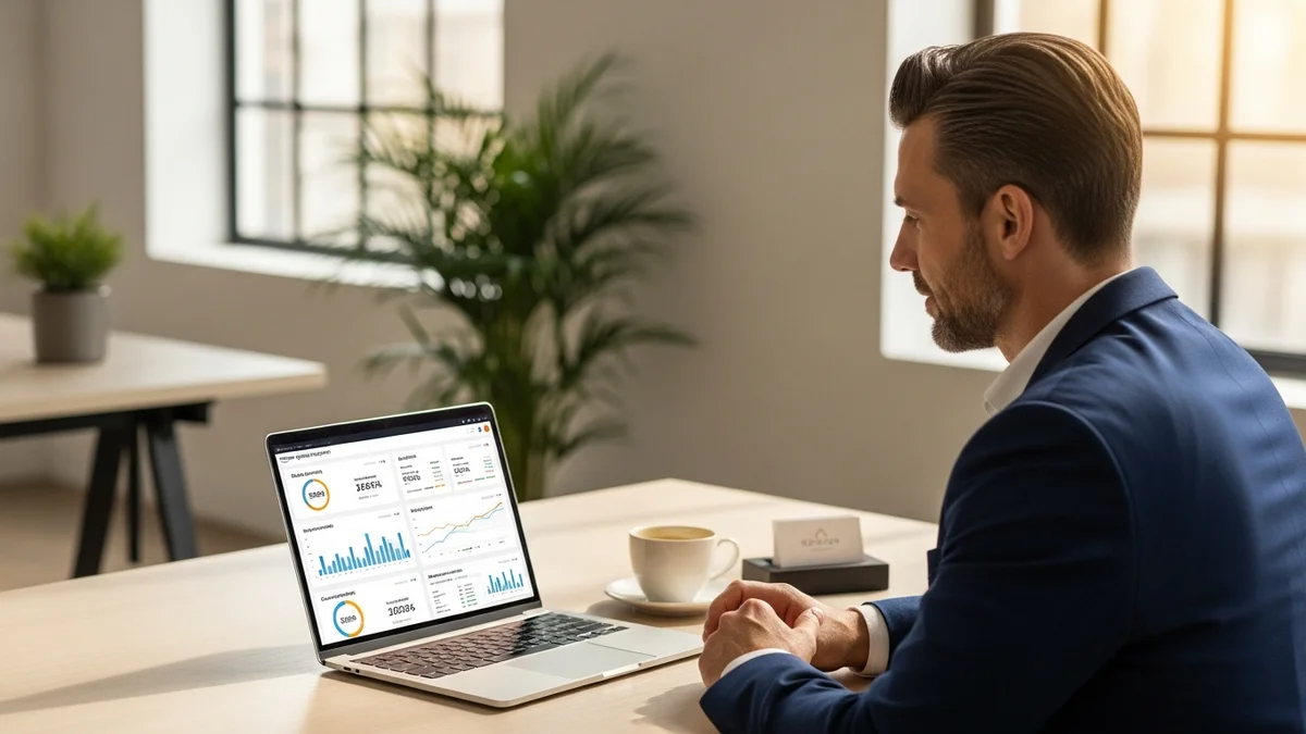 Business owner evaluating Amazon agency proposals with performance dashboard